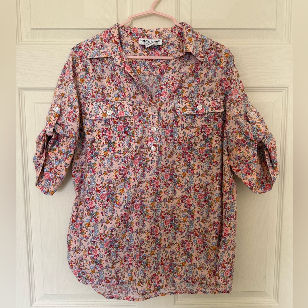 Cathy Daniels Pink Floral Roll-Tab Button Shirt